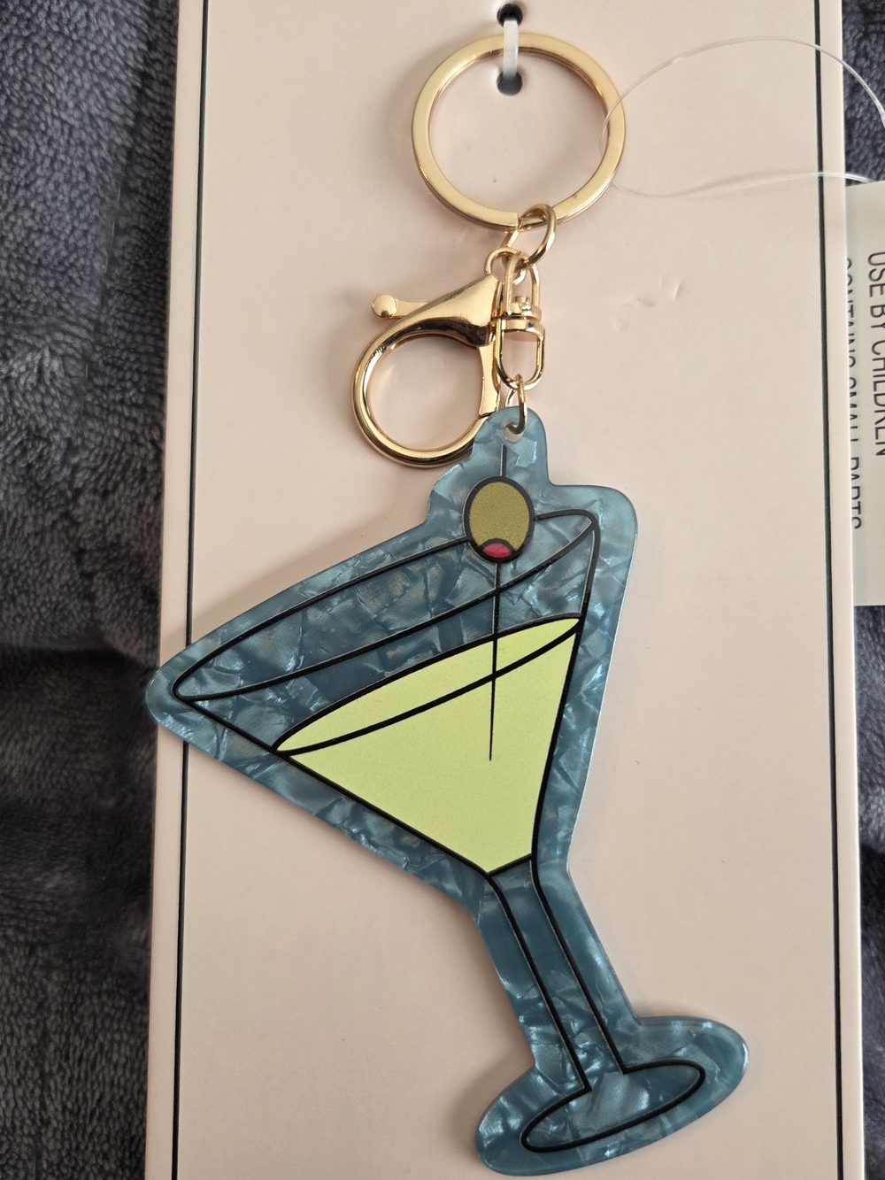 Blue Marble Martini Glass Keychain with Gold Hardware